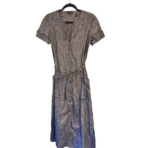 Theory Women's Blue Linen Blend Short Sleeve Button Front Midi Dress Size 6‎